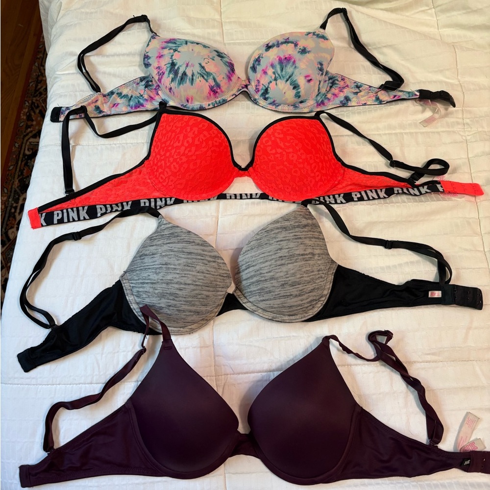 PINK Victoria's Secret Tie-Dye, Red, Gray, and Purple Bra Set